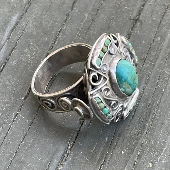 Vintage Sterling Silver Turquoise Ring Handmade Intricate Design Size 8 Boho Ch - Picture 3 of 11